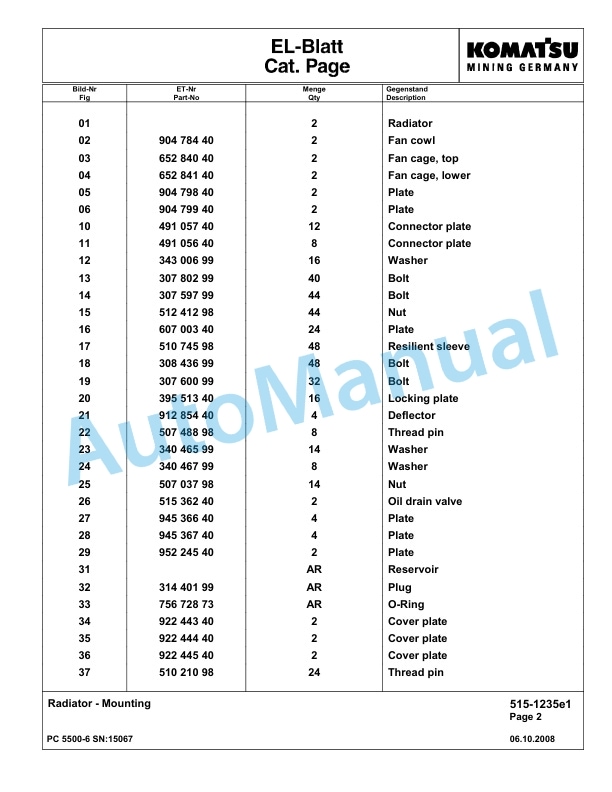 Komatsu PC5500-6 Hydraulic Excavator Parts Manual G15067-2