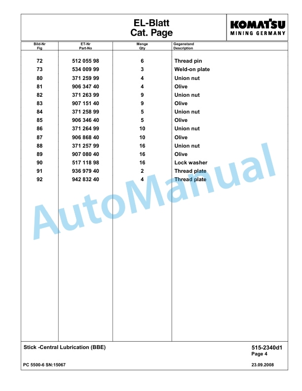 Komatsu PC5500-6 Hydraulic Excavator Parts Manual G15067-4