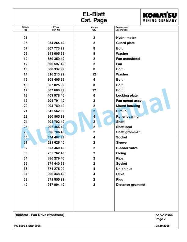 Komatsu PC5500-6 Hydraulic Excavator Parts Manual G15068-2