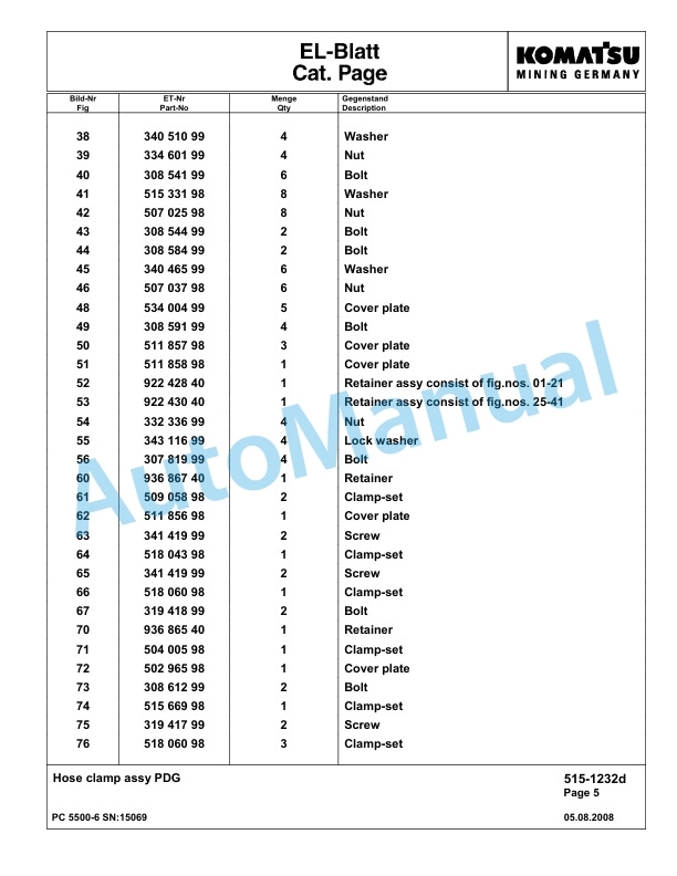 Komatsu PC5500-6 Hydraulic Excavator Parts Manual G15069-2
