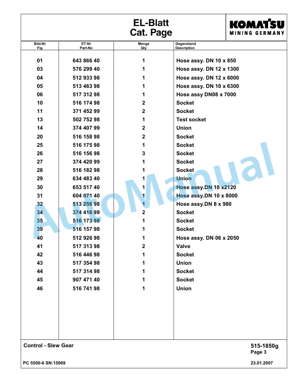 Komatsu PC5500-6 Hydraulic Excavator Parts Manual G15069-3