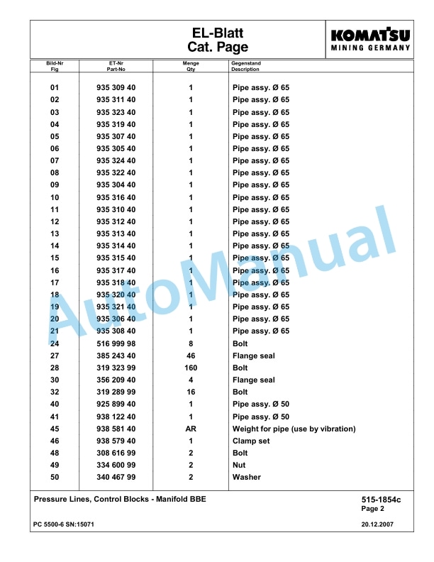 Komatsu PC5500-6 Hydraulic Excavator Parts Manual G15071-3