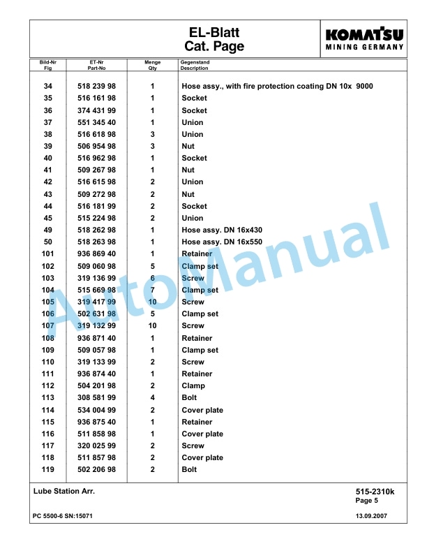 Komatsu PC5500-6 Hydraulic Excavator Parts Manual G15071-4