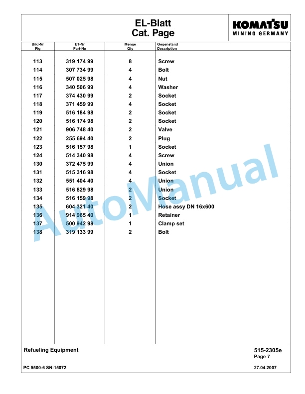 Komatsu PC5500-6 Hydraulic Excavator Parts Manual G15072-4