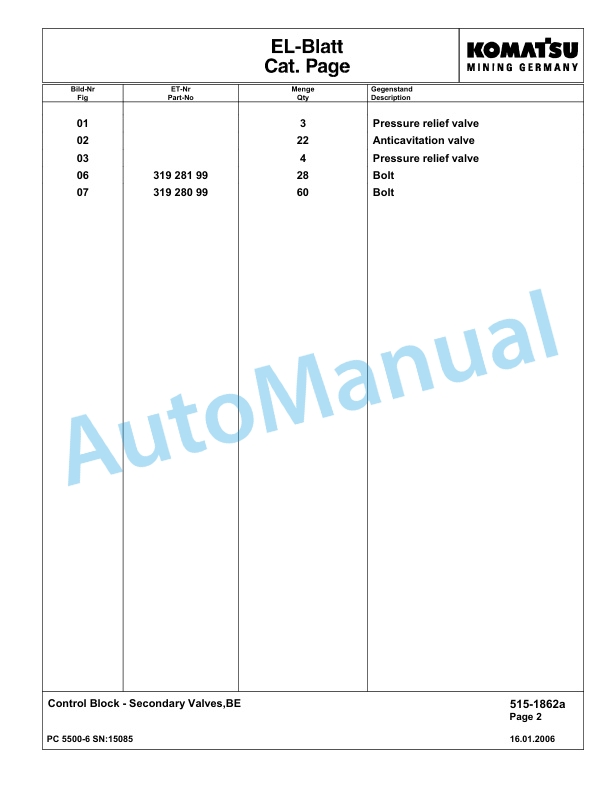 Komatsu PC5500-6 Hydraulic Excavator Parts Manual G15085-3
