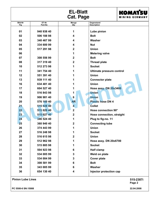 Komatsu PC5500-6 Hydraulic Excavator Parts Manual G15088-4