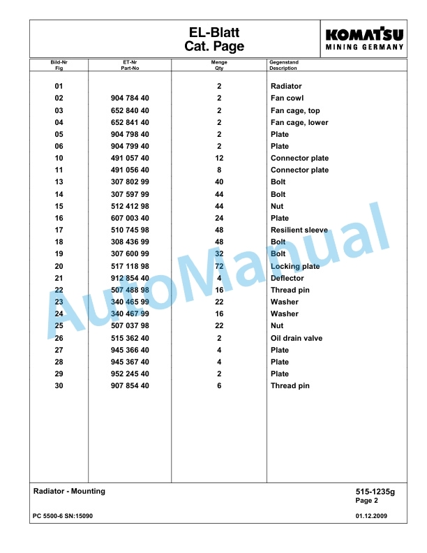Komatsu PC5500-6 Hydraulic Excavator Parts Manual G15090-2