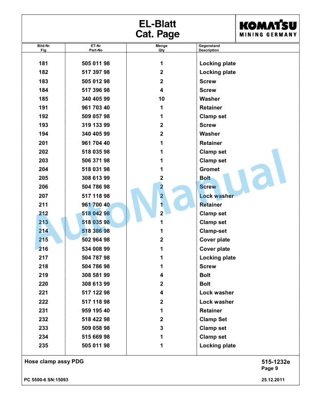 Komatsu PC5500-6 Hydraulic Excavator Parts Manual G15093-2
