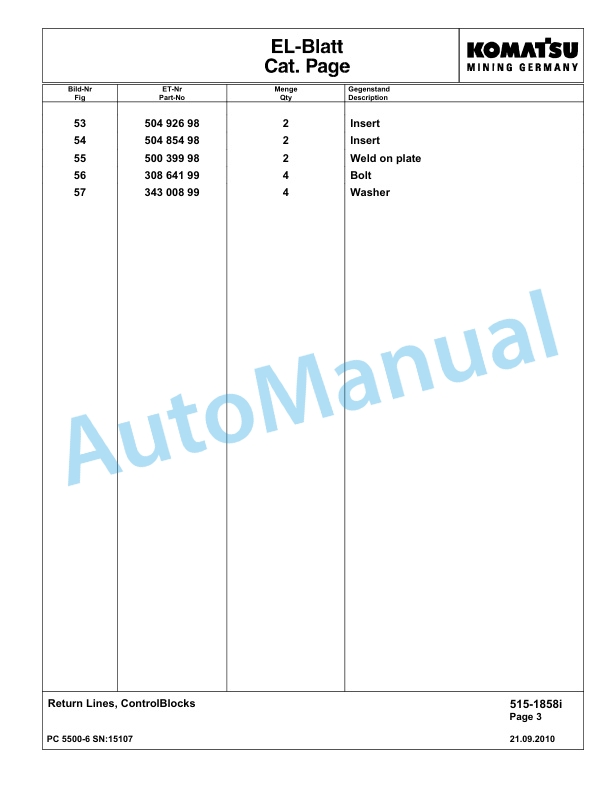 Komatsu PC5500-6 Hydraulic Excavator Parts Manual G15107-3