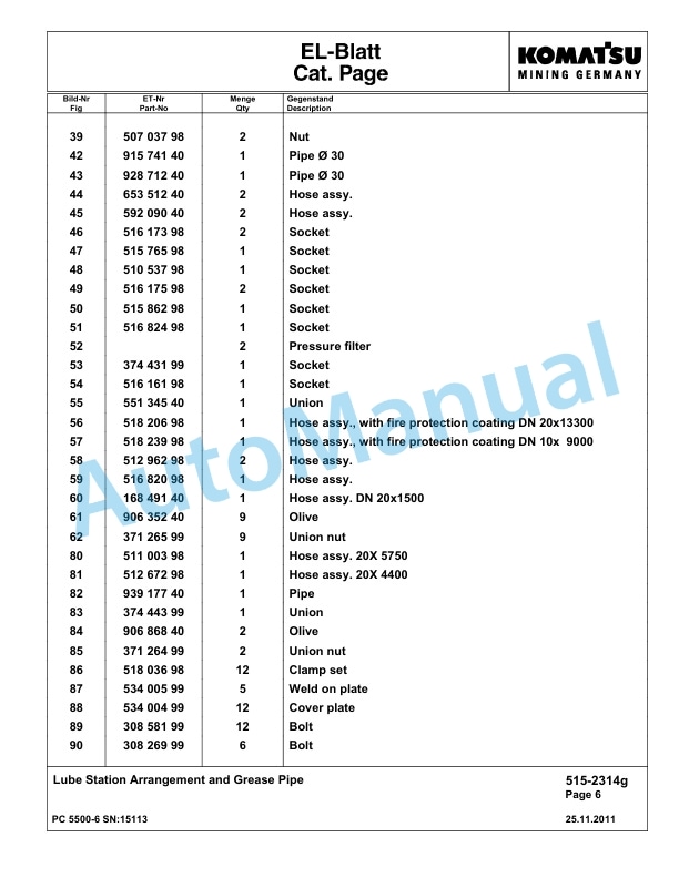 Komatsu PC5500-6 Hydraulic Excavator Parts Manual G15113-4