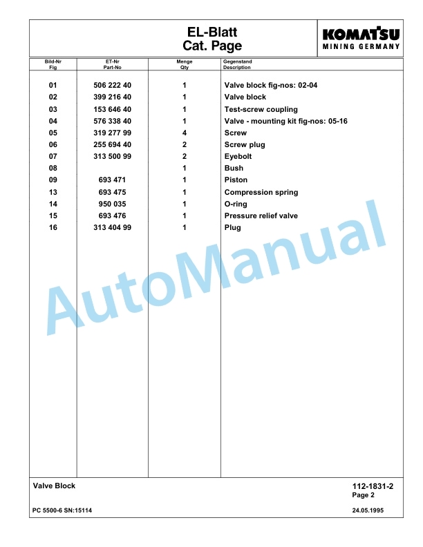 Komatsu PC5500-6 Hydraulic Excavator Parts Manual G15114-3