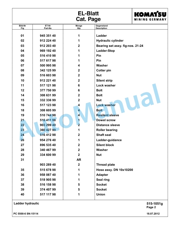 Komatsu PC5500-6 Hydraulic Excavator Parts Manual G15114-4