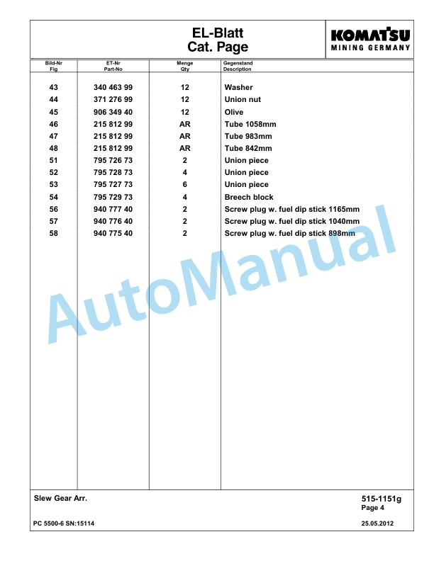 Komatsu PC5500-6 Hydraulic Excavator Parts Manual G15114-5