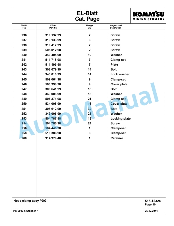 Komatsu PC5500-6 Hydraulic Excavator Parts Manual G15117-2