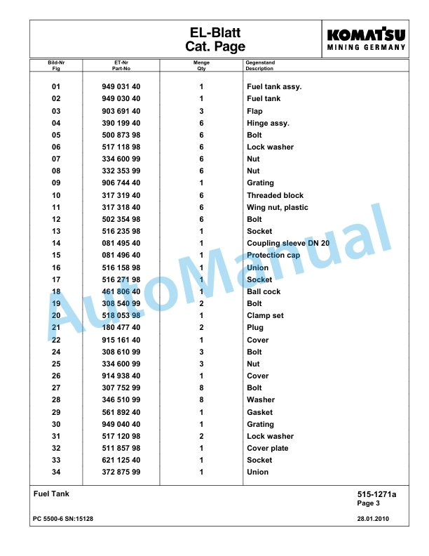 Komatsu PC5500-6 Hydraulic Excavator Parts Manual G15128-2