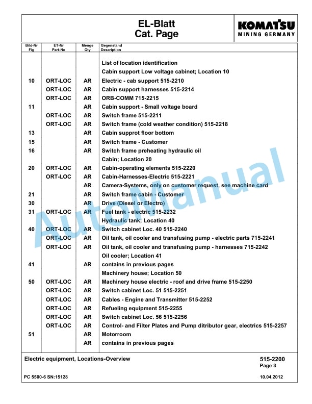 Komatsu PC5500-6 Hydraulic Excavator Parts Manual G15128-3
