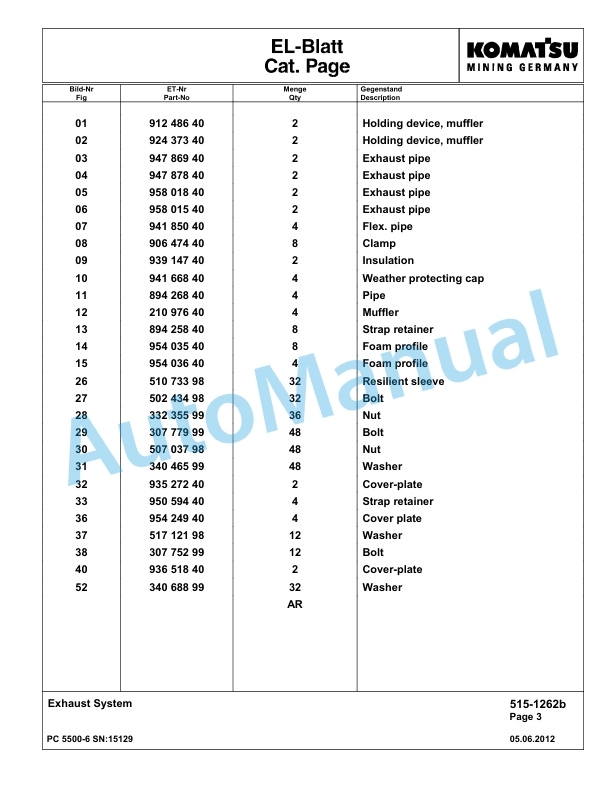 Komatsu PC5500-6 Hydraulic Excavator Parts Manual G15129-2
