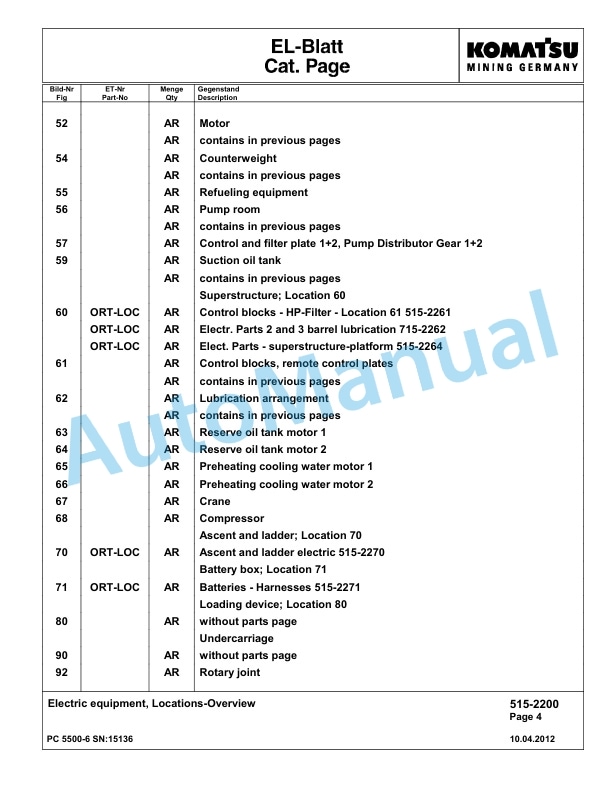 Komatsu PC5500-6 Hydraulic Excavator Parts Manual G15136-3