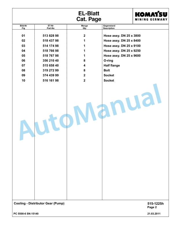 Komatsu PC5500-6 Hydraulic Excavator Parts Manual G15140-2