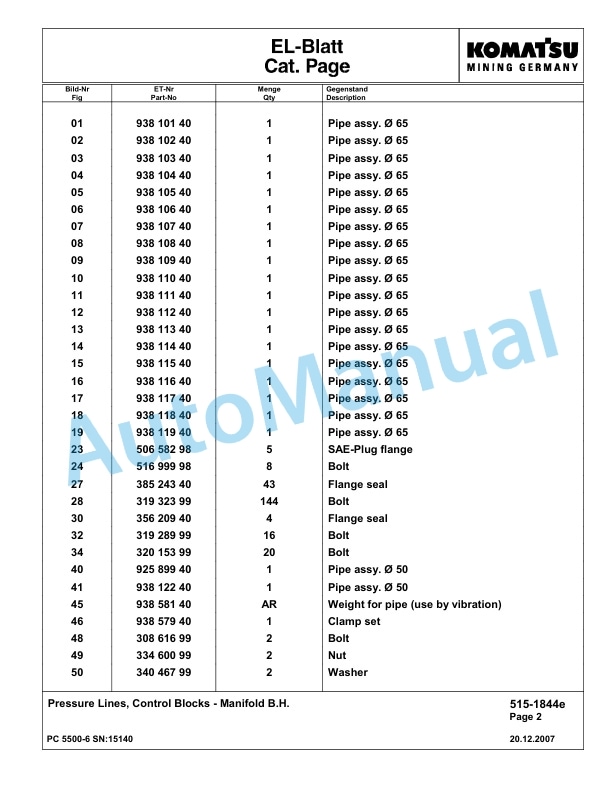 Komatsu PC5500-6 Hydraulic Excavator Parts Manual G15140-3