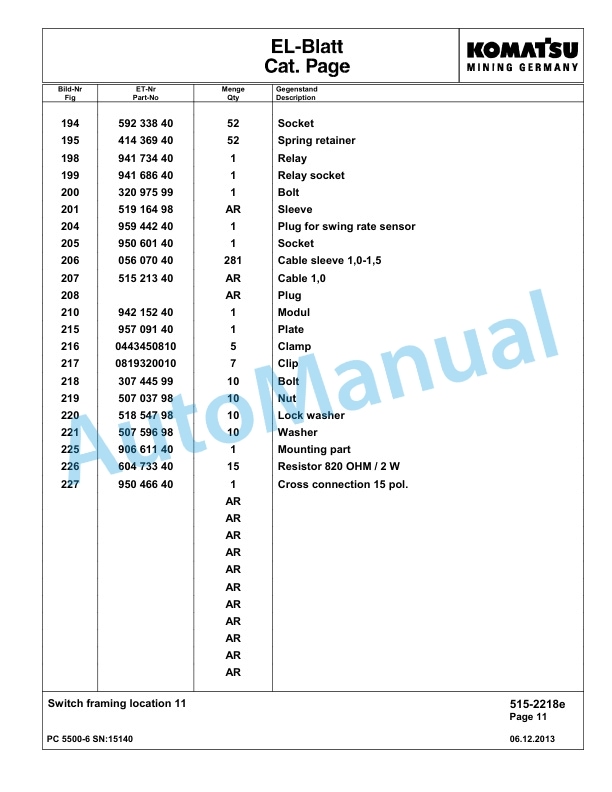 Komatsu PC5500-6 Hydraulic Excavator Parts Manual G15140-4