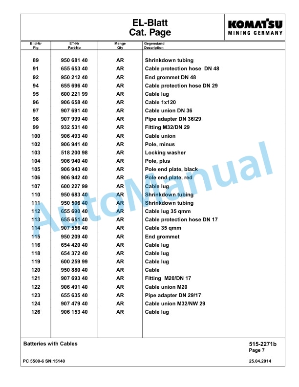 Komatsu PC5500-6 Hydraulic Excavator Parts Manual G15140-5