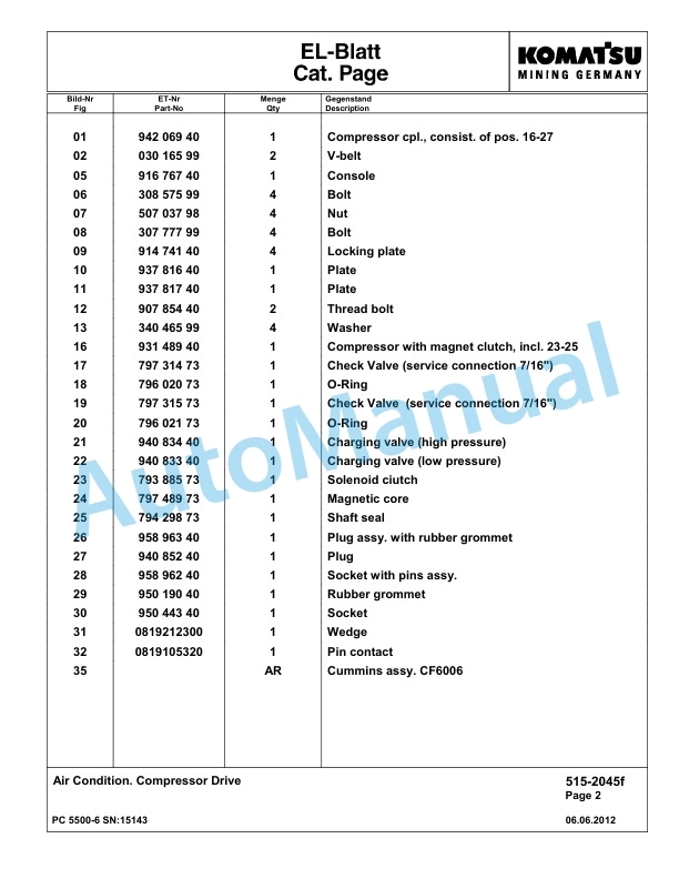 Komatsu PC5500-6 Hydraulic Excavator Parts Manual G15143-3