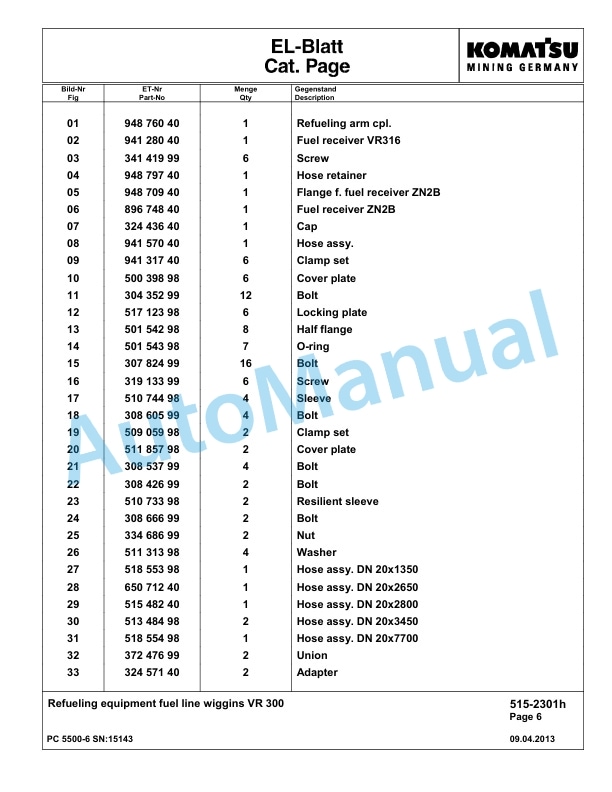 Komatsu PC5500-6 Hydraulic Excavator Parts Manual G15143-4