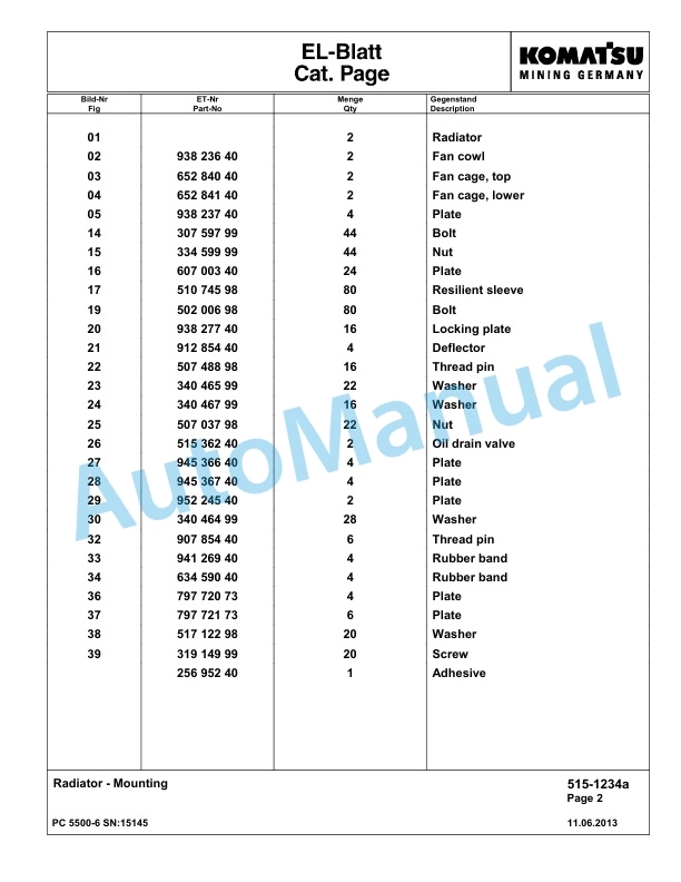 Komatsu PC5500-6 Hydraulic Excavator Parts Manual G15145-2