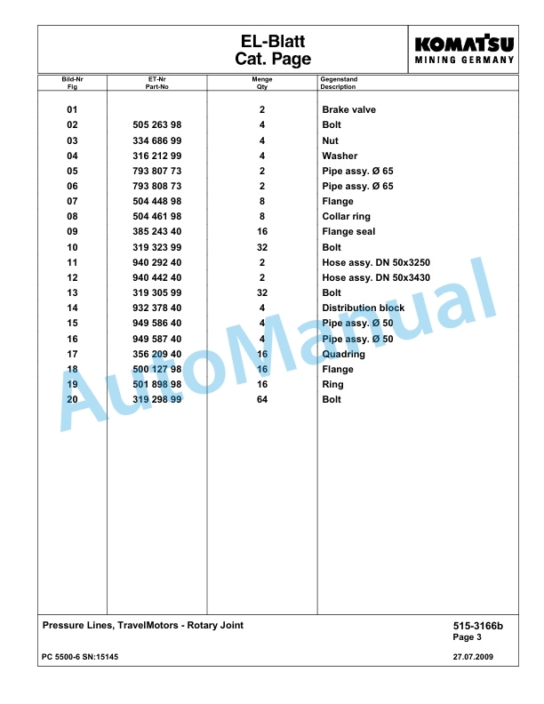 Komatsu PC5500-6 Hydraulic Excavator Parts Manual G15145-5