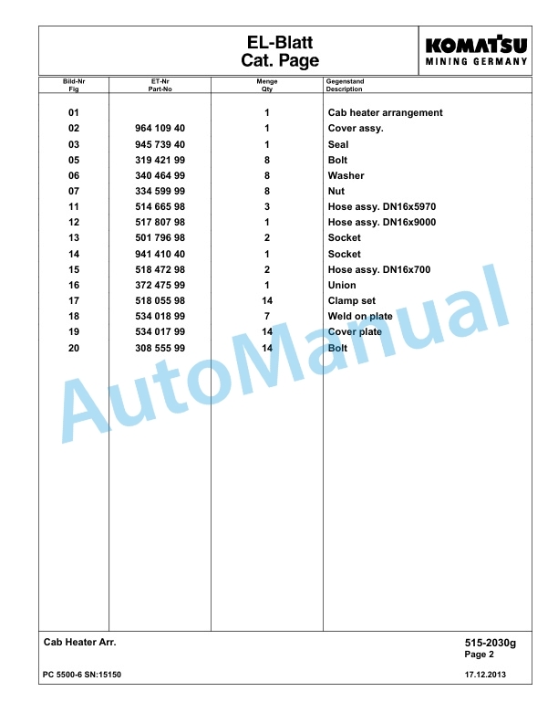 Komatsu PC5500-6 Hydraulic Excavator Parts Manual G15150-3