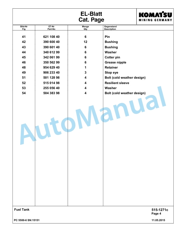 Komatsu PC5500-6 Hydraulic Excavator Parts Manual G15151-2