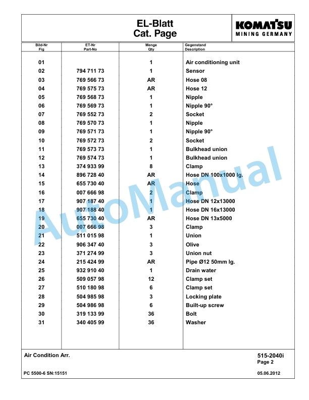 Komatsu PC5500-6 Hydraulic Excavator Parts Manual G15151-3