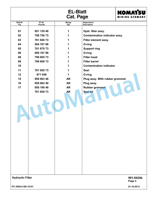 Komatsu PC5500-6 Hydraulic Excavator Parts Manual G15151-5
