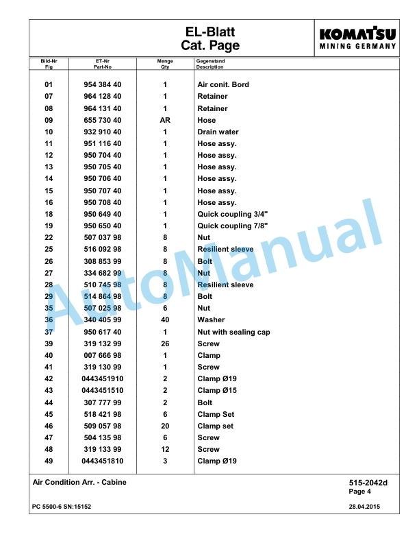Komatsu PC5500-6 Hydraulic Excavator Parts Manual G15152-3