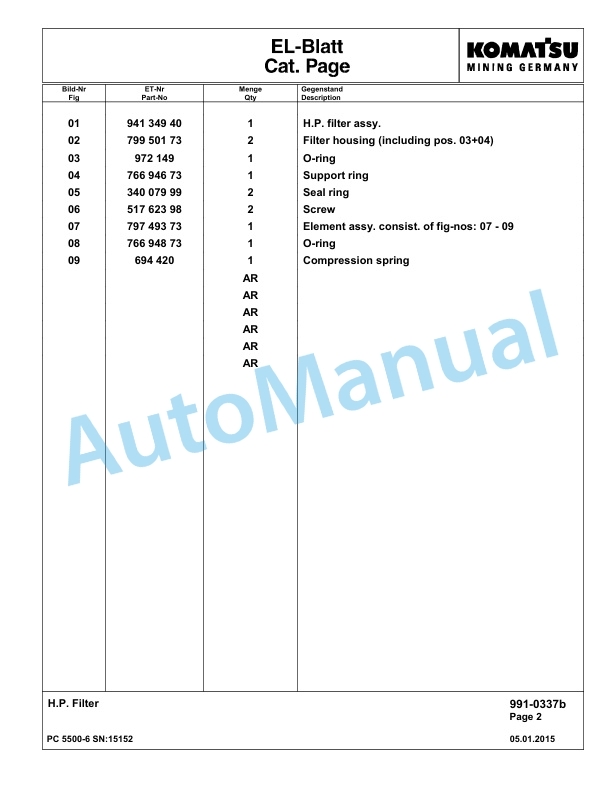 Komatsu PC5500-6 Hydraulic Excavator Parts Manual G15152-5
