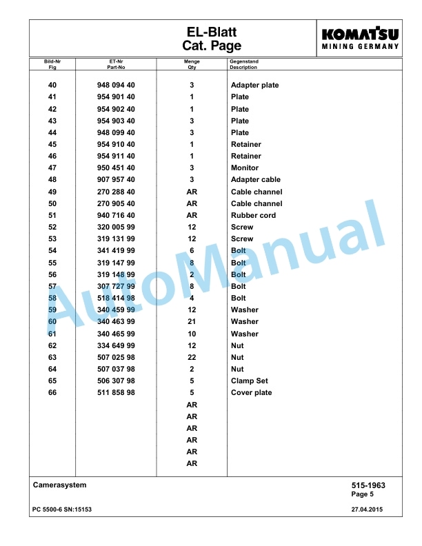 Komatsu PC5500-6 Hydraulic Excavator Parts Manual G15153-3
