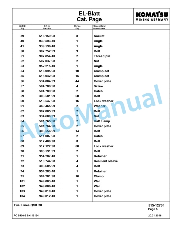 Komatsu PC5500-6 Hydraulic Excavator Parts Manual G15154-2
