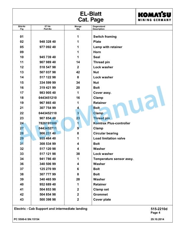 Komatsu PC5500-6 Hydraulic Excavator Parts Manual G15154-3