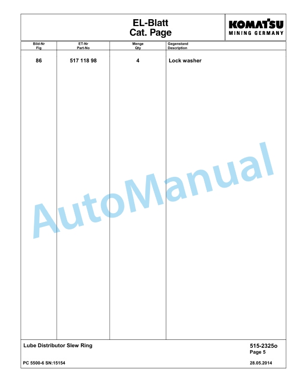 Komatsu PC5500-6 Hydraulic Excavator Parts Manual G15154-4