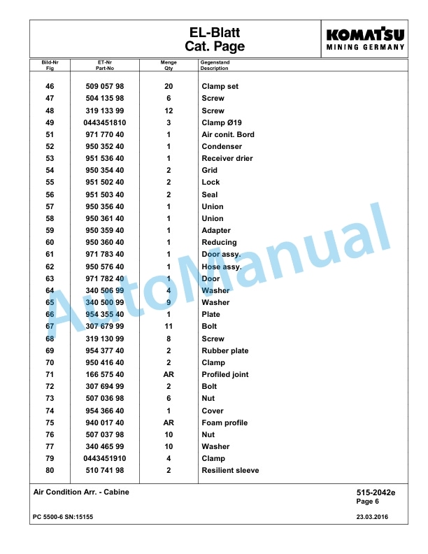 Komatsu PC5500-6 Hydraulic Excavator Parts Manual G15155-3