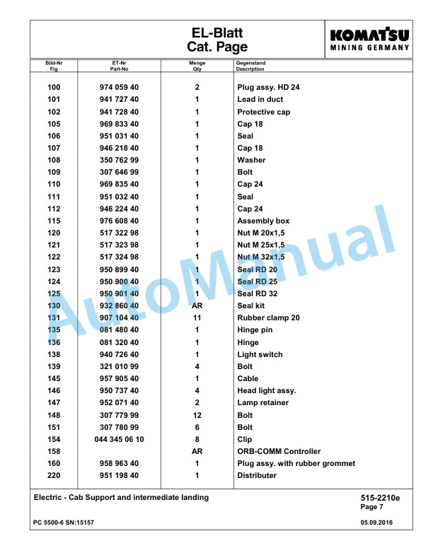 Komatsu PC5500-6 Hydraulic Excavator Parts Manual G15157-3