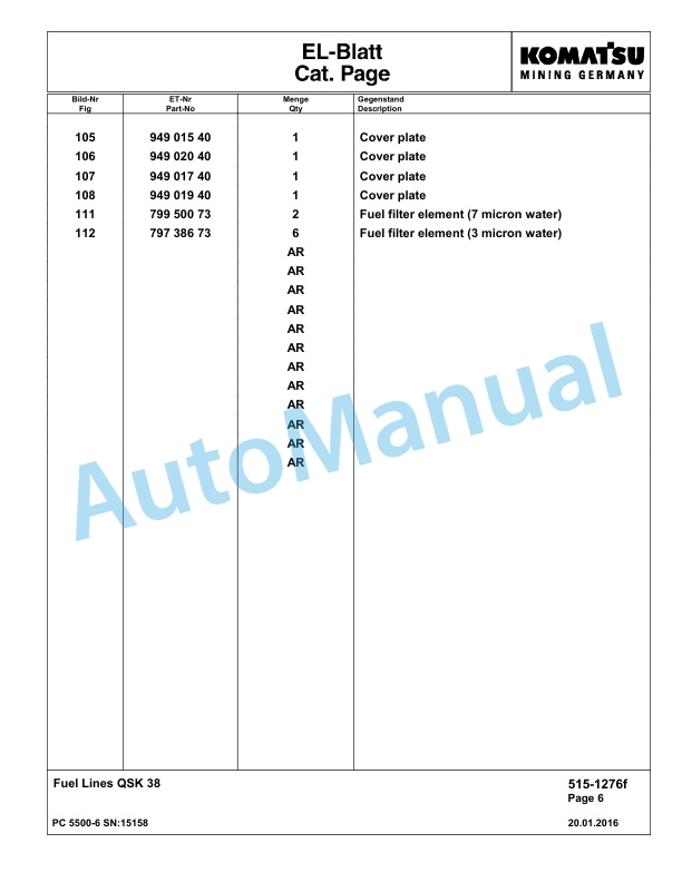 Komatsu PC5500-6 Hydraulic Excavator Parts Manual G15158-2
