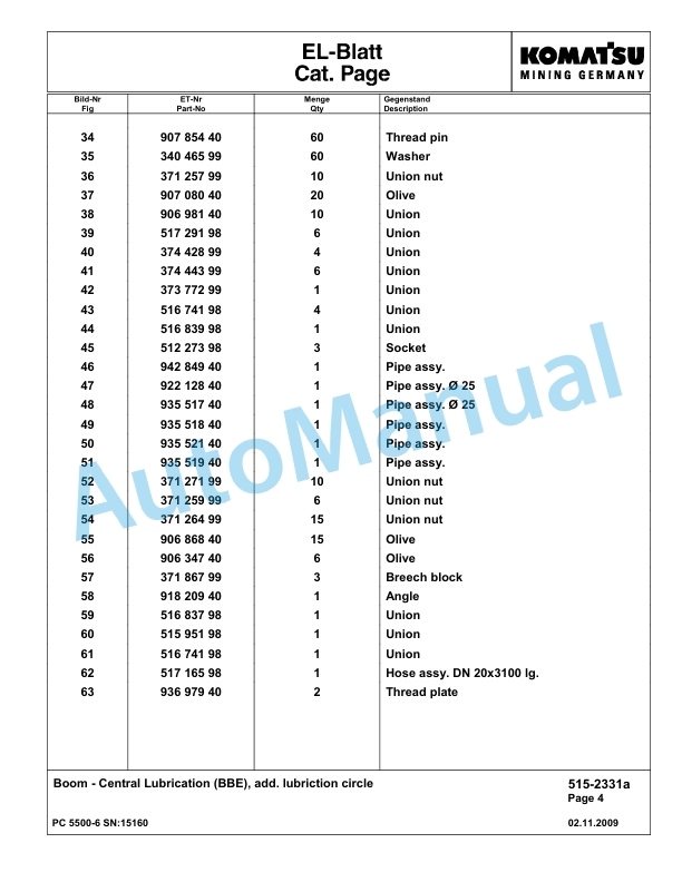 Komatsu PC5500-6 Hydraulic Excavator Parts Manual G15160-4