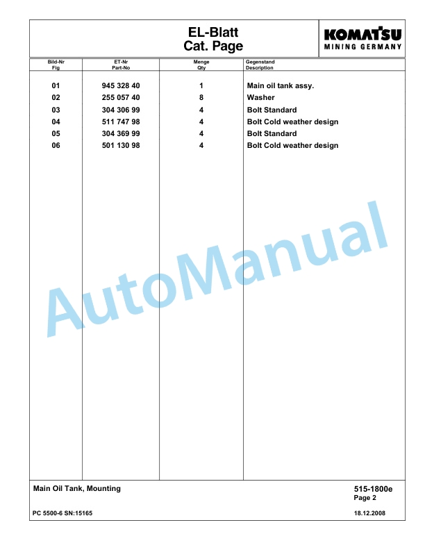 Komatsu PC5500-6 Hydraulic Excavator Parts Manual G15165-2