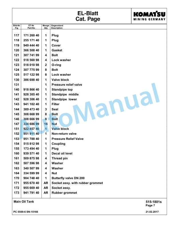 Komatsu PC5500-6 Hydraulic Excavator Parts Manual G15166-2