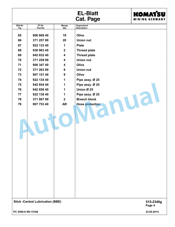 Komatsu PC5500-6 Hydraulic Excavator Parts Manual G15166-4