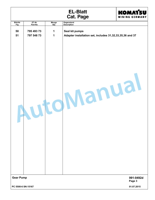 Komatsu PC5500-6 Hydraulic Excavator Parts Manual G15167-5