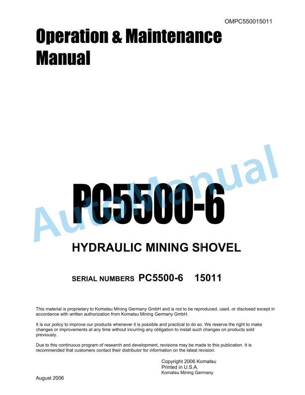 Komatsu PC5500-6 Hydraulic Mining Shovel Operation and Maintenance Manual OMPC550015011