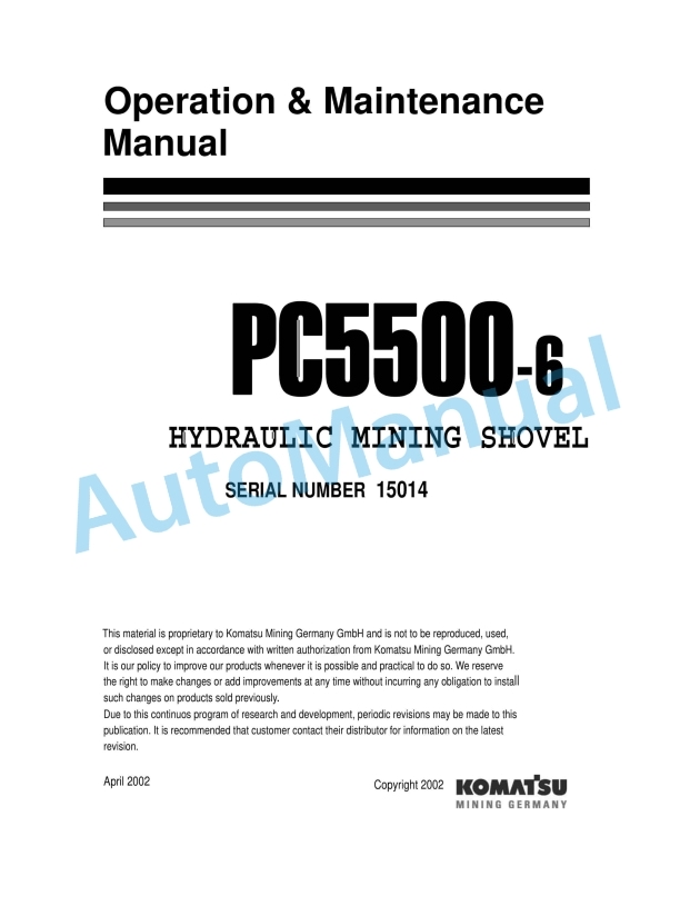 Komatsu PC5500-6 Hydraulic Mining Shovel Operation and Maintenance Manual OMPC550015014
